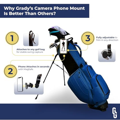 Golf Phone Holder – Fully Adjustable Golf Swing Camera Mount | Converts Any Bag into a Golf Phone Tripod | MagSafe-Compatible for Easy, Clamp-Free Setup | Golf Bag Magnetic Plate Included