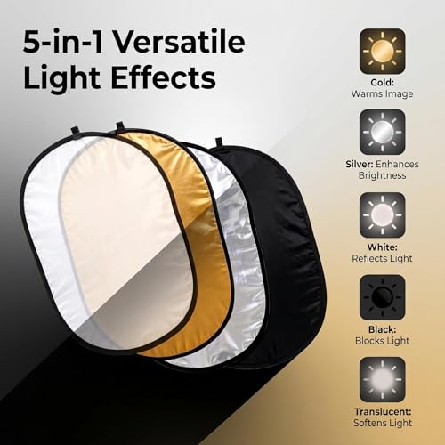 24" x36”(60x90cm) 5-in-1 Oval Foldable Reflector with Carrying Bag, Portable for Studio/Macro Photography - Translucent, Silver, Gold, White and Black