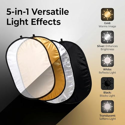 24" x36”(60x90cm) 5-in-1 Oval Foldable Reflector with Carrying Bag, Portable for Studio/Macro Photography - Translucent, Silver, Gold, White and Black