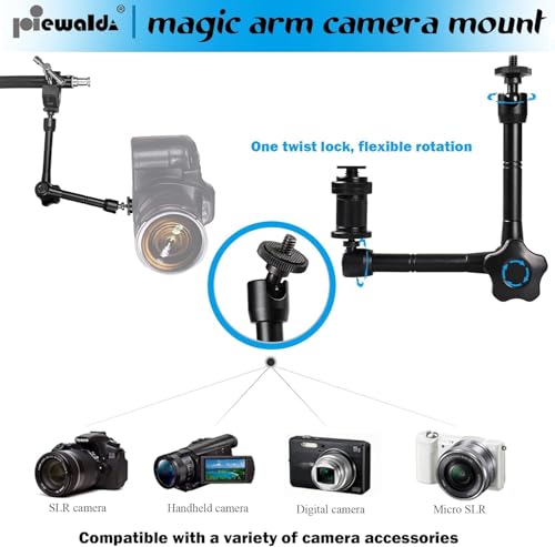 Niewalda Magic arm Camera Mount ，articulating arm- 11 Inch Metal Adjustable Friction Articulated arm with Super Clamp/Phone Clip, for Various Action Camera/DSLR/LCD Monitor/LED Lights/Cell Phone - color: 11 Inch Black Magic Arm
