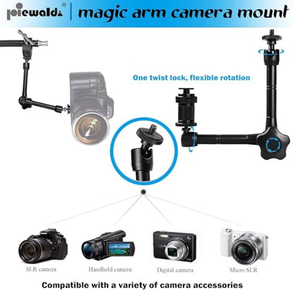 Niewalda Magic arm Camera Mount ，articulating arm- 11 Inch Metal Adjustable Friction Articulated arm with Super Clamp/Phone Clip, for Various Action Camera/DSLR/LCD Monitor/LED Lights/Cell Phone - color: 11 Inch Black Magic Arm