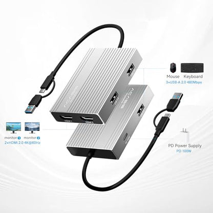 ACASIS USB C to Dual HDMI DisplayLink Adapter, 4K@60Hz, 2 HDMI & 3 USB-A Ports, 100W PD Charging, USB C DisplayLink Docking Station for Mac M1/M2/M3/M4/Windows,USB A/C to Dual Monitor Adapter(Silver) - color: Silver