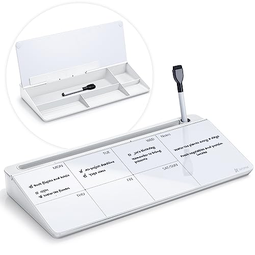 Varhomax Glass Weekly Dry Erase Desk White Board, Desktop to Do List Planner Whiteboard Calendar with Storage Caddy Memo for Home and Office, White - color: Weekly Planner-white