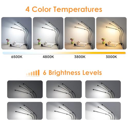 ShineTech LED Desk Lamp with Clamp, 3-Head Ultra-Wide Lighting, 4 Color Modes, Adjustable Gooseneck Task Lamp, Eye-Safe Dimming, Memory & Auto-Off Timer, Desk Light for Home Office, Study, Reading