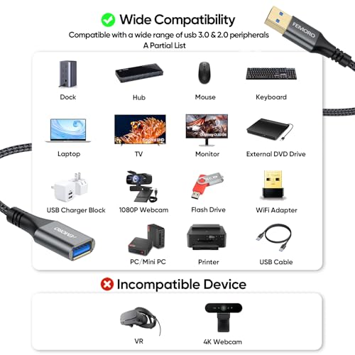 USB Extension Cable 3ft Pack of 2, Type A 3.0 5Gbps Data Transfer & 15W Charging Sync Extender Male to Female for Mouse Keyboard Computer Laptop TV Flash Drive Hub and More