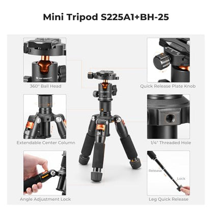 K&F CONCEPT Mini Desktop Tripod, 20.5''/ 52cm Compact Desk Tripod with 360 Degree Ball Head, 1/4 inch Quick Release Plate for Camera Video Camcorder, Load up to 13.22 lbs/6 KG - style: S225A1+BH-25