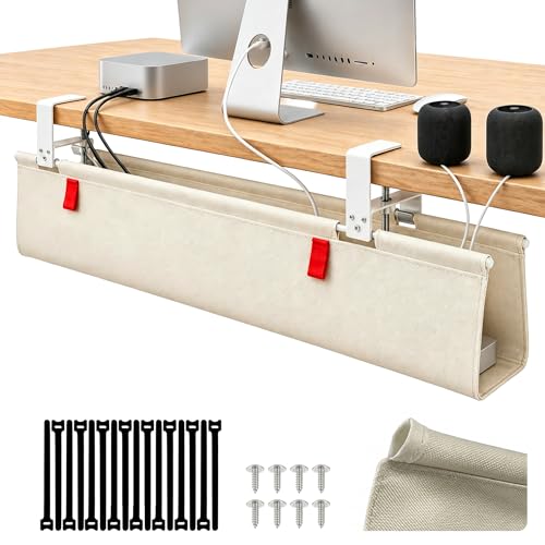 Under Desk Cable Management No Drill – 48" L x 6" W Cord Organizer, Upgraded Silicone Pads (No Scratch!), 16 Cable Slots, Washable PE Honeycomb Base, Fits Desks 0–2.1" Thick, Beige - color: Beige, size: Upgraded with Enhanced Features-48"L x 6.0"W
