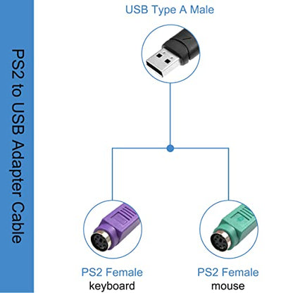 PS/2 to USB Adapter Keyboard Mouse Adapter Cable, PS/2 Female to USB A Male Plug with Chip, 2 PCS 2 in 1 PS-2 to USB 2.0 Converter Cord - color: Black - USB to PS/2 Cable