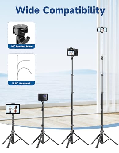 Phone Tripod Stand, 85" Tall Cellphone Tripod for iPhone with Gooseneck Remote, Flexible Portable Phone Stand for Recording, Compatible with iPhone 14 13 12 Pro Android Camera