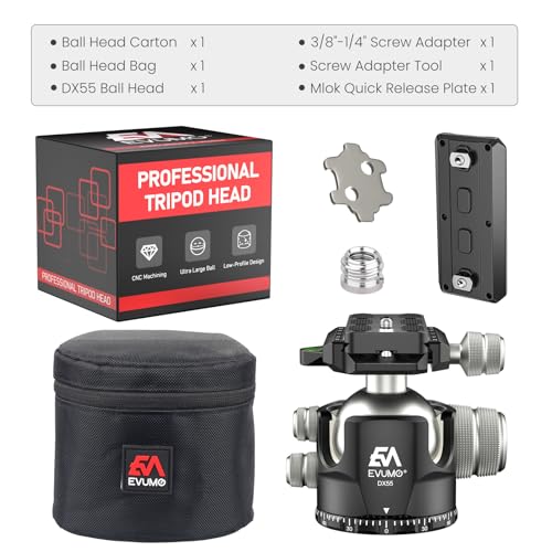EVUMO DX55 Ball Head, 55mm Low Profile Heavy Duty CNC Panoramic Tripod Ball Head Mount with Mlok Arca Swiss Quick Release Plate for Camera Tripod Monopod DSLR Camcorder Telescope, Max Load 88lb/40kg