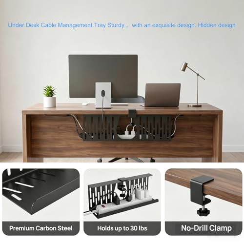 Under Desk Cable Management Tray, Cord Organizer for Desk Cable Management Tray Under Desk with Clamp for Home Office, Standing Desk (2Pack Black)