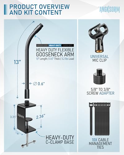 13-INCHS Flexible Gooseneck Microphone Stand with Heavy Duty Desk Clamp for Podcast, Meetings, Lectures, Radio Broadcasting Studio, Live Broadcast Equipment, TV Stations - size: 13-INCH