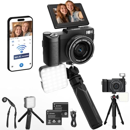5K Vlogging Camera with WiFi 64MP 4K Digital Camera for Photography Vlog Camera with Flip Screen Video Camera for YouTube with Selfie Light, Desk Tripod, Batteries
