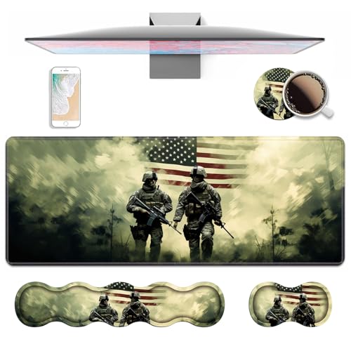 4 in 1 Ergonomic Keyboard Wrist Rest & Mouse Pad Wrist Rest Set, Large Gaming Desk Mat 31.5"x 11.8" with Non-Slip Base, Memory Foam for Home Office Study Gaming, American Military Army Troops Soldiers - color: American Military Army Troops Soldiers