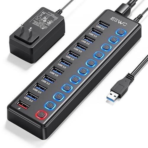 Powered USB Hub, JESWO 11 Port USB 3.0 Hub, 10 USB 3.0 Data Transfer Ports + 1 Smart Charging Port, USB Hub Powered with Individual LED On/Off Switches and 12V/3A Power Adapter - style: 10+1 USB 3.0 Hub
