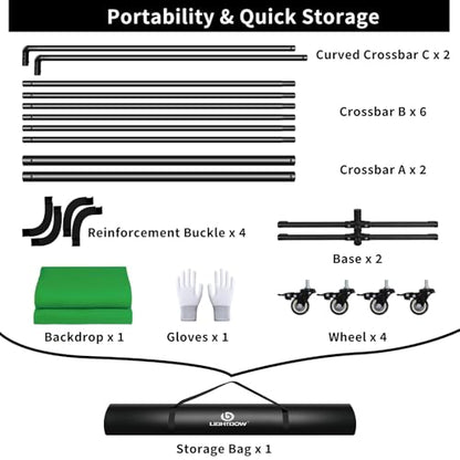 Lightdow 10x7ft Rolling Background Stand Kit with Green Screen Backdrop & Wheels & Portable Carrying Bag & Clamp & Gloves for Streaming/Studio Video Recording/Zoom Meeting/Party