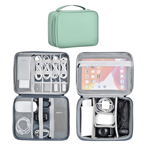 Double Layer Leather Cable Organizer Bag Large Capacity Waterproof Tech Organizer Case for Travel Electronics Accessories Storage Case with Adjustable Divider(Light Green, Double Layer-Large) - color: Light Green, size: Double Layer-Large
