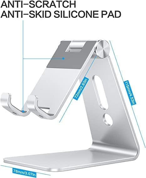 OMOTON Phone Holder, Multi-Angle Adjustable Desk Phone Holder, Aluminum Cell Phone Holder Compatible with iPhone 13 Pro/13/12 Pro Max/12/11 Pro/XR, Samsung S20/S10/S9, Silver