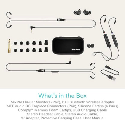 MEE audio M6 PRO Musicians' In-Ear Monitors Wired + Wireless Combo Pack: Includes IEMs, 2 Audio Cables and BT3 Hi-Res Bluetooth Audio Adapter w/aptX, LDAC, Auracast Support, & Built-In Headset (Black) - color: Black, style: IEMs + Bluetooth Adapter