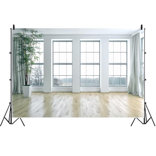 10x6.5FT White Living Room Wall Podcast Backdrop Modern Interior Wooden Floor Bright Window Background for Zoom Calls Home Office Live Video Photography Studio Props - size: 10x6.5ft