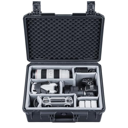 Lykus PVC1 Waterproof Hard Case with Padded Dividers for Cameras, Lenses, Dual DJI Mavic/Air/Mini drones [CASE ONLY] - color: Black PVC1