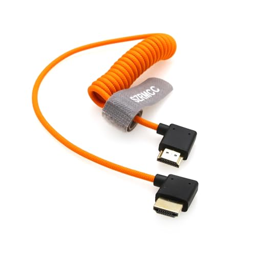 SZRMCC 8k 2.1 HDMI to HDMI Ultra High Speed Coiled Braided Cable for Z Cam E2 Sony FX6 FX9 Canon EOS C70 C300 Portkeys BM5 Atomos Ninjav V Shogun Monitor Left Right Angle - color: Orange Braided Coiled Cable,50cm, size: Left HDMI-Right HDMI
