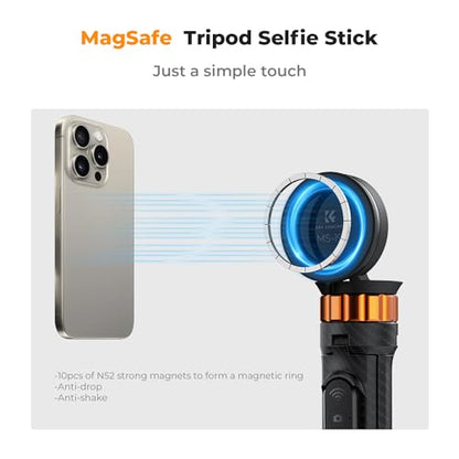 K&F CONCEPT 63'' Magnetic Selfie Stick Tripod, Lightweight Cellphone Stand with Wireless Remote, Compatible with iPhone 17 Pro Max/16/15/14/13/12 Series and All Phones - color: Black Orange