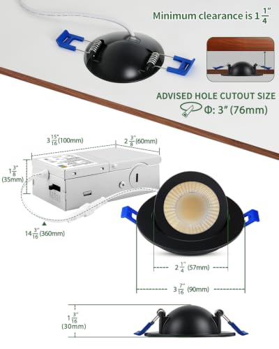 zouzai 3 Inch Gimbal LED Recessed Lights, Black, 12 Pack, with Junction Box, 360°+ 90° Adjustable, 5CCT 2700K-5000K, Dimmable, Canless Eyeball Downlight, CRI90+, 800LM 7W 120V, ETL - color: Black-3 inch, size: 12 Pack
