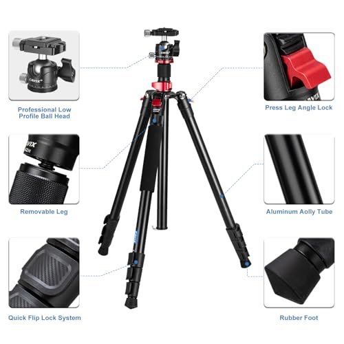 CAVIX 78.7 inch/200cm Aluminum Tripod, 2-in-1 Travel Tripod and Monopod Combo, Foldable 4-Section Lightweight with 360°Ball Head and Quick Release Plate, Load Capacity 22 lbs for DSLR Camcorder - size: Aluminum Alloy(78.7")