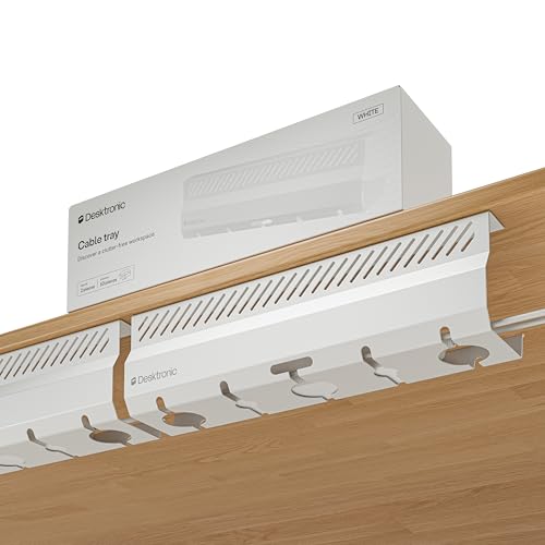 Desktronic Cable Duct Desk White Set of 2 - Stainless Steel Cable Management Desk Cable Duct with 5 Cable Cut-Outs - Easy to Install Cable Organiser - Cable Holder - color: White