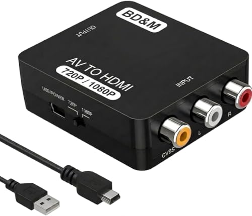 BD&M RCA to HDMI Converter, AV to HDMI Adapter Supports PAL/NTSC for PS2, PS3, Xbox, VHS, VCR, DVD Players - style: Converter Only