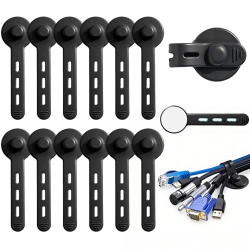 Silicone Self Adhesive Under Desk Cable Management 12Pcs - Black | Adjustable, Elastic, Cord Organizers for Computer, TV, Machine Wires in Homes, Offices, Schools, Classrooms and Factories