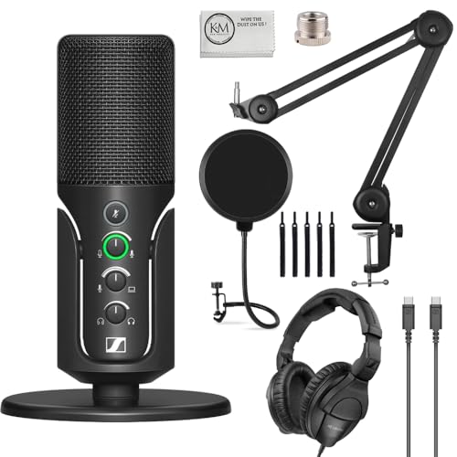 Sennheiser Profile USB Condenser Microphone with Desktop Stand Bundled with Closed-Back Headphones + Microphone Boom Arm + Wind Screen Pop Filter + Microfiber Cleaning Cloth (5 Items) - style: Profile Mic + HD 280 + Arm & Pop Filter