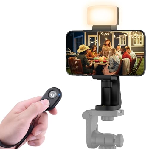 Universal Phone Tripod Mount Adapter with Ｗireless Camera Remote and LED Light, Cell Phone Holder with Adjustable Clamp for Selfie Stick Monopod for iPhone, Samsung Wrist Strap Included - color: Black-with LED light