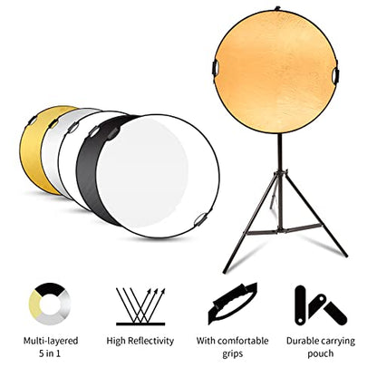 Selens Handle Round Reflector Stand Kit for Photography, 32" 5-in-1 Collapsible Lighting With 6.5ft Light Stand, Carry Bag and Clamp for Portrait Studio Shoot - size: 32in Reflector Stand Kit