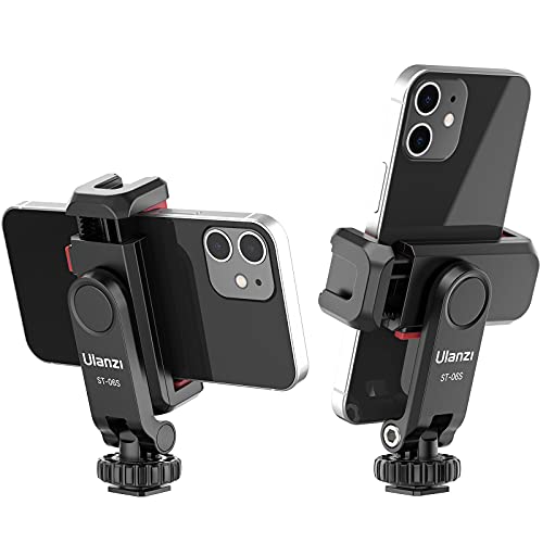 ULANZI Phone Tripod Mount ST-06S, Universal Smartphone Mount Adapter with 2 Cold Shoe, 360° Rotates Adjustable Cell Phone Clip Clamp Holder, Compatible with iPhone17/16/15, Samsung Galaxy Smartphones - color: Black