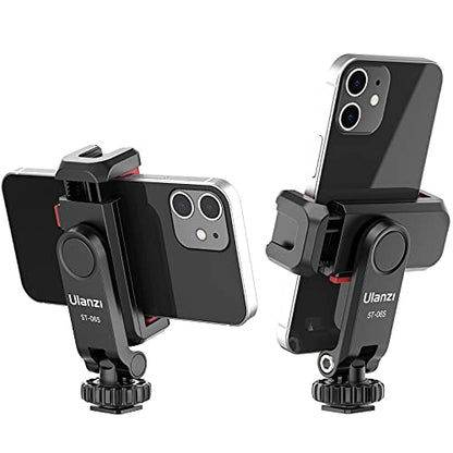 ULANZI Phone Tripod Mount ST-06S, Universal Smartphone Mount Adapter with 2 Cold Shoe, 360° Rotates Adjustable Cell Phone Clip Clamp Holder, Compatible with iPhone17/16/15, Samsung Galaxy Smartphones - color: Black