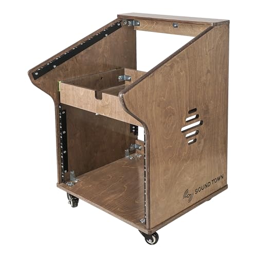 Sound Town DIY Solid Baltic Birch Plywood Studio Rack with 11U Slant Mixer Top, 8U Front, 2U Drawer, Rubber Feet, Casters, Weathered Brown (SDRK-M11X8B) - size: 8U,Weathered Brown