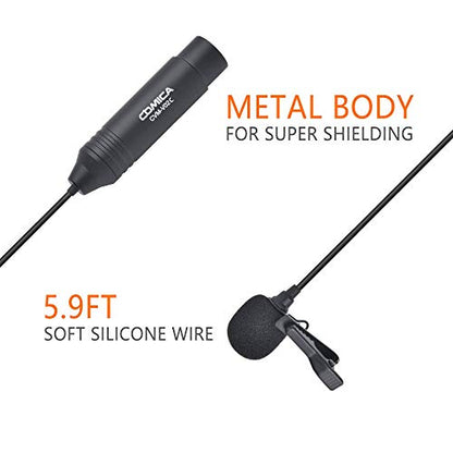 XLR Pin Microphone COMICA CVM-V02C XLR Clip Microphone Unidirectional Lavalier Microphone 48V Phantom Power Video Microphone for Canon/Sony/Panasonic Camcorder Microphone Zoom H4n H5 H6 Tascam DR-40 | 48V Phantom Power, with Windmuff 5.9ft Silicone Cable,