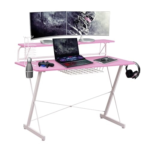 Techni Sport Gaming Desk - Two-Way Computer Desk with Elevated Monitor Stands, CD Rack, Cup Holder, & Accessories Storage for a Complete Gaming Setup - Carbon Laminated with Durable Steel Frame - color: Pink