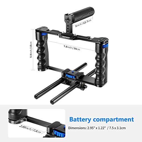 NEEWER Aluminum Alloy Camera Cage, Filmmaking Rig with Top Handle, Dual Grips & Arca Type Base, Compatible with Sony A7S III A7IV A6600 Canon EOS R5C R5 R6 DSLR/Mirrorless Cameras - VS107, Blue - style: VS107 Blue