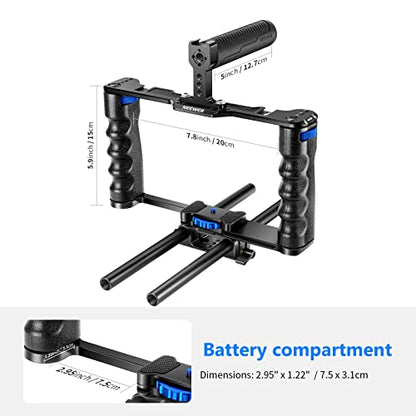 NEEWER Aluminum Alloy Camera Cage, Filmmaking Rig with Top Handle, Dual Grips & Arca Type Base, Compatible with Sony A7S III A7IV A6600 Canon EOS R5C R5 R6 DSLR/Mirrorless Cameras - VS107, Blue - style: VS107 Blue