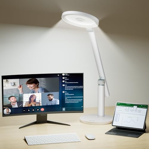 Honeywell Desk Lamp for Home Office, H6 Sunturalux™ Eye-Caring Led Desk Light, 800LM Dimmable Desk Lamp with Timer, Touch Control Tall Desk Reading Light, Table Lamp for Circle Webcam, Study, Bedroom - color: White