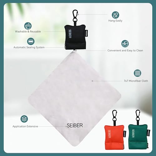SEIBER Microfiber Eyeglass Cleaning Cloths with Pouch,3P, BK OR GRN | 7x7 Cloth For Glasses, Camera Lenses, Laptop Screens, Self-Closing Bottom - color: BLACK,ORANGE,DARK GREEN