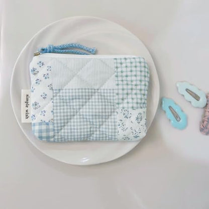 Cotton Quilted Floral Coin Purse Digital Camera Pouch with Cute Prints Zipper for Women Girls (BLUE PATCH) - color: BLUE PATCH