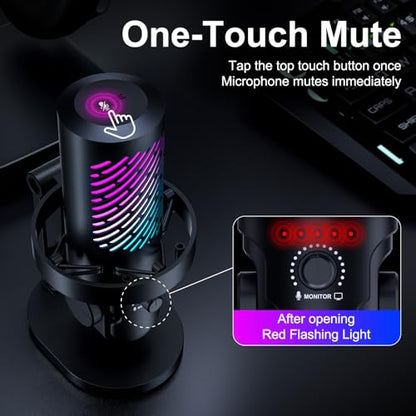 tenlamp RGB USB Gaming Microphone for PC, Streaming & Podcast, Cardioid Condenser Mic with Noise Reduction, Touch Mute, Headphone Monitoring, Gain Control, Plug & Play for Mac Phone