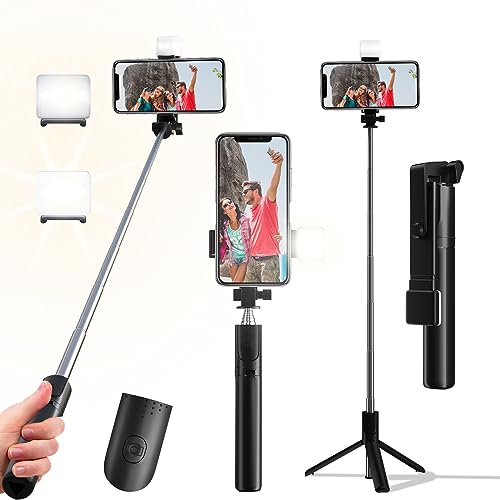 Selfie Stick, 40 in Retractable Phone Tripod with Wireless Remote Control & Light, Portable Selfie Stick Tripod for Photograph, Live Streaming, Video Recording, Compatible with All Cellphones - color: Black