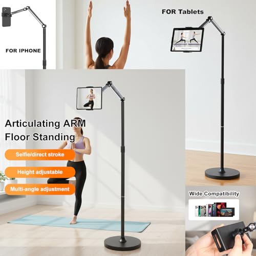 66“ Floor stand articulating arm with adjustable , Minimalist Design, Space-Saving, Highly Flexible,For Watching/Stream/Recording ON Bed&Couch, for iPad Pro 12.9”/Kindle/iPhone,4.5-13” Tablet/Phone