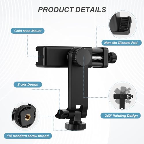 Universal Cell Phone Tripod Mount Adapter, Camera Hot Shoe Phone Holder Clamp with 360 Rotation Bracket 1/4" Screw Hole for Canon Nikon Sony DSLR iPhone Android - color: Black-cold shoe