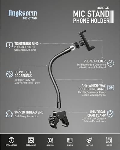 KBC1417 Mic Stand Phone Holder, Heavy-Duty Gooseneck Phone Holder with Super Clamp & Universal Phone Mount, Adjustable 360° Flexible Arm Clip for Mic Stand, Music Stand, Tripod, 9-INCH - size: 9" with Clamp